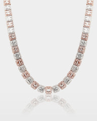 Two Tone Square Halo Baguette Diamond Tennis Necklace