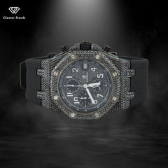 Fully Black Chronograph Moissanite Hip Hop Iced Out Watch Rubber Belt