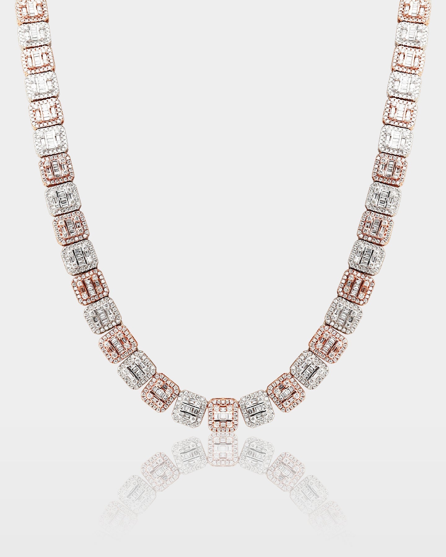 Two Tone Square Halo Baguette Diamond Tennis Necklace