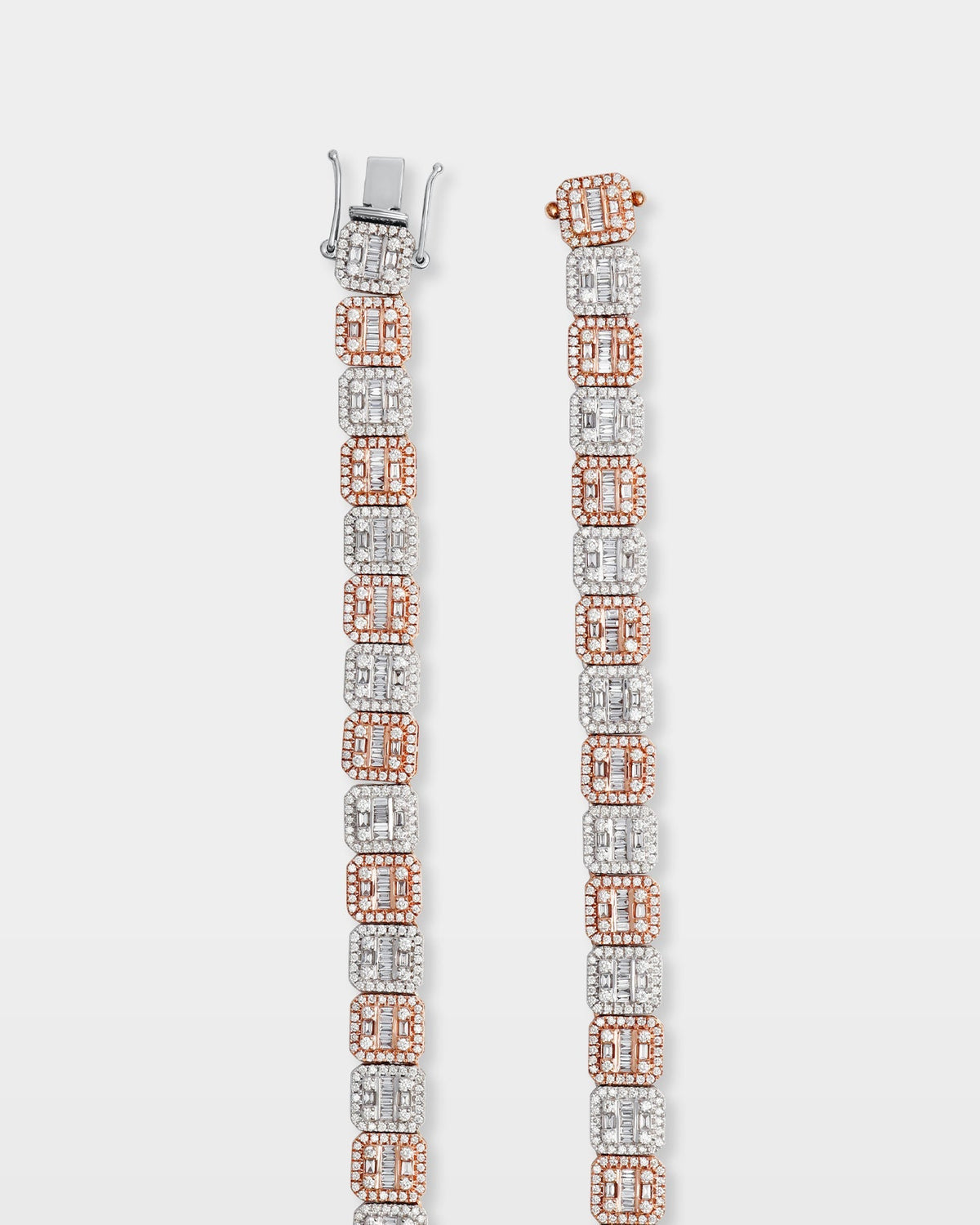 Two Tone Square Halo Baguette Diamond Tennis Necklace