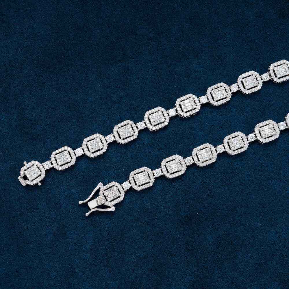 Moissanite Halo Cluster Baguette Tennis Chain 14K Gold